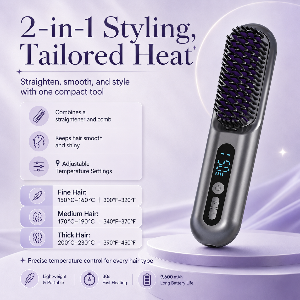2 in 1 Cordless Hair Straightener Brush